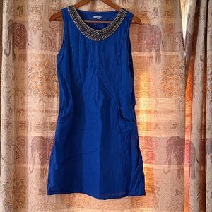 Blue Sleeveless Linen Dress with Embellished Neckline